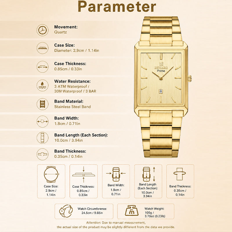 REWARD RD 613568M Quartz Watch - Live Edition Men's Classic Square Full IPG Gold Stainless Steel Band Ultra-Slim 8.5mm Case 6H Date Brushed Dial Wristwatch