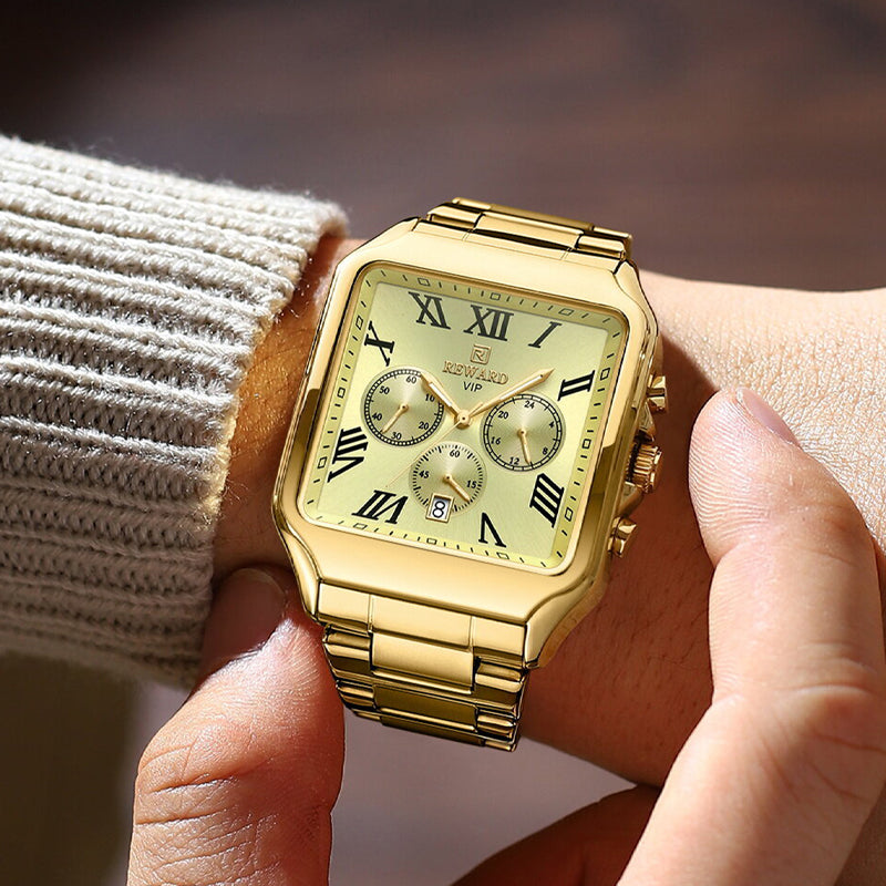 REWARD RD 812265M Quartz Watch - Live Edition Men's Luxury Square Case Full IPG Gold Roman Numerals Chronograph Luminous Hands Date Stainless Steel Band Wristwatch