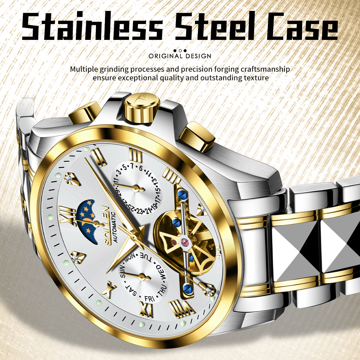 Sollen SL809 Multi-Function Watch - Men's Moonphase Sunray Dial Luminous Markers 3-Bead Stainless Steel Bracelet Wristwatch