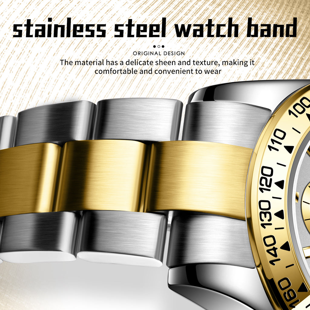 Sollen SL808 Multi-Function Watch - Men's Moonphase Sunray Dial Luminous Markers 3-Bead Stainless Steel Bracelet Wristwatch