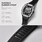JEMSDUN JSD2406 Live Edition Men's High-Street Quartz Watch - 51x44mm Silver Case Baguette Crystal Bezel Mechanical Skeleton Dial Silicone Strap Wristwatch