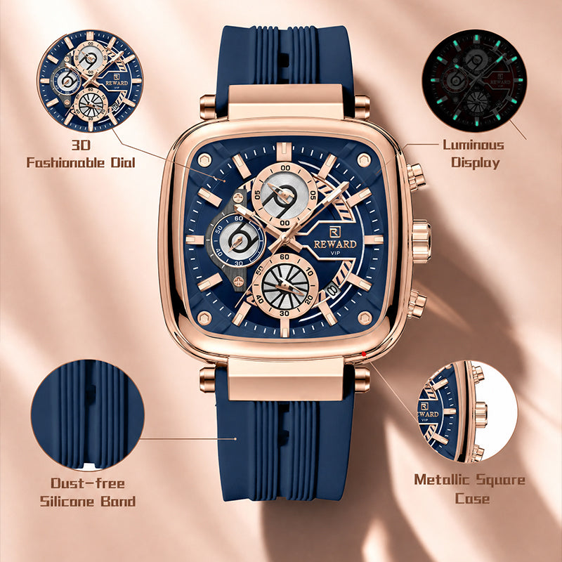 REWARD RD 831509M Quartz Watch - Live Edition Men's Luxury Cushion Case Full Chronograph Luminous Hands Date Window Sport Silicone Strap Wristwatch