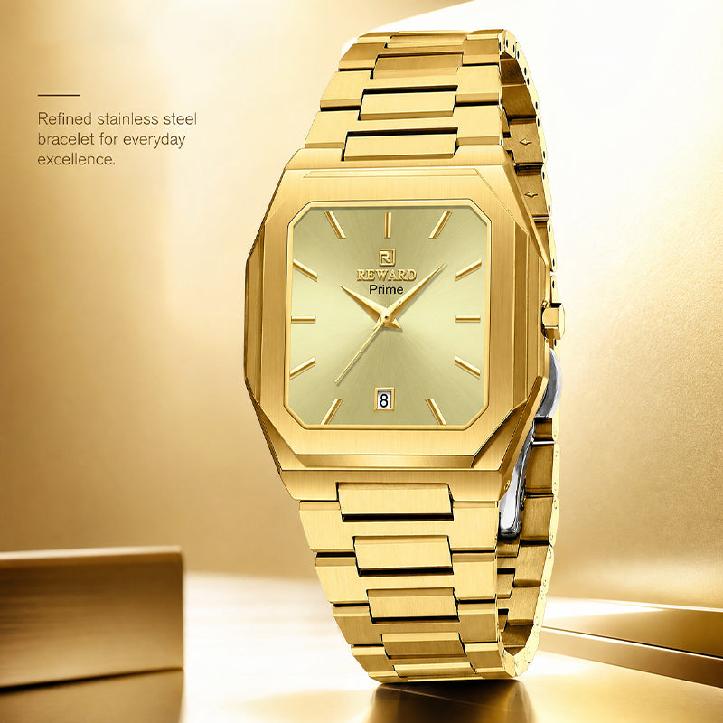 REWARD RD 613151M Quartz Watch - Live Edition Men's Retro Square Case Full IPG Gold Stainless Steel Band Ultra-Slim 8.5mm Body Luminous Hands 6H Date Sunburst Dial Wristwatch