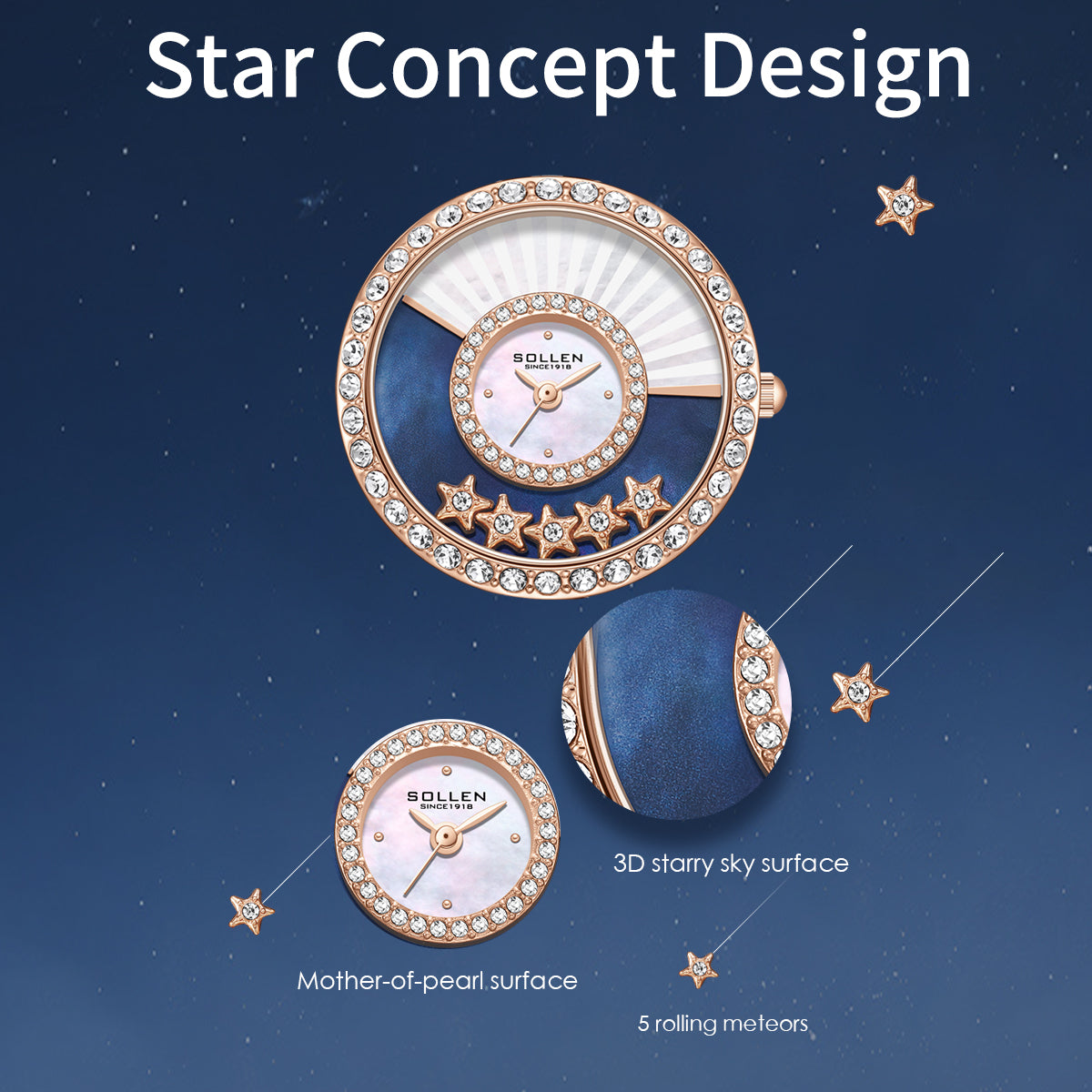 Sollen SL453 Quartz Watch - Women's Stainless Steel Link Bracelet Celestial Dial with Moving Stars
