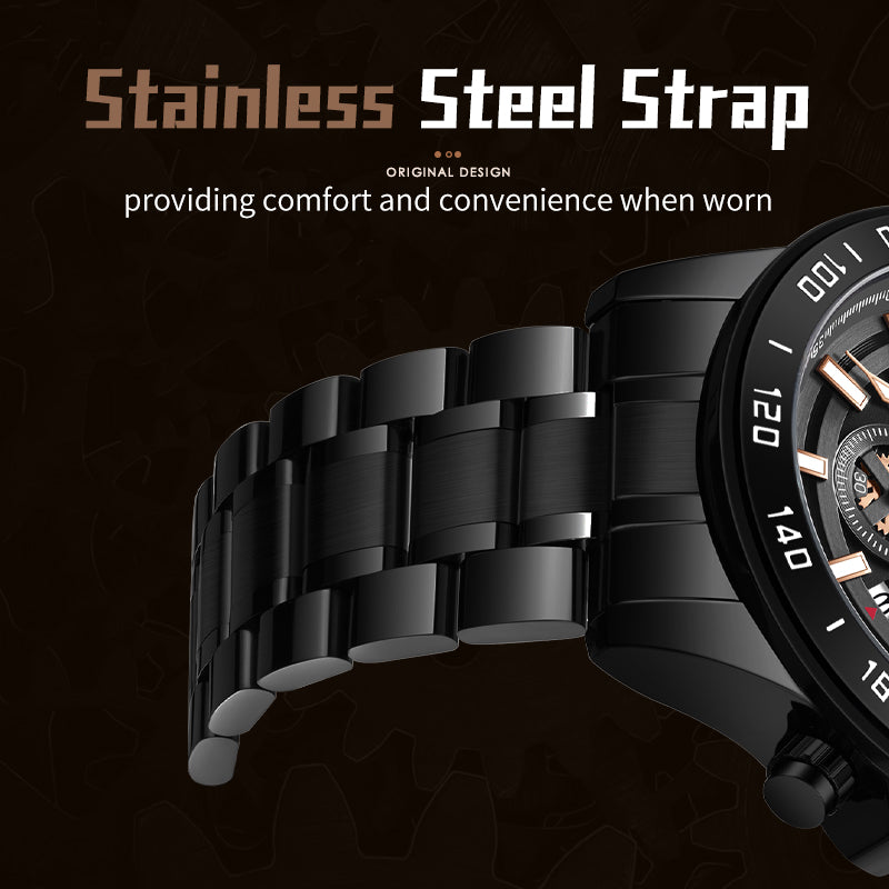Sollen SL722 Chronograph Watch - Men's All-Black Case Multi-Function Stainless Steel Link Bracelet Wristwatch