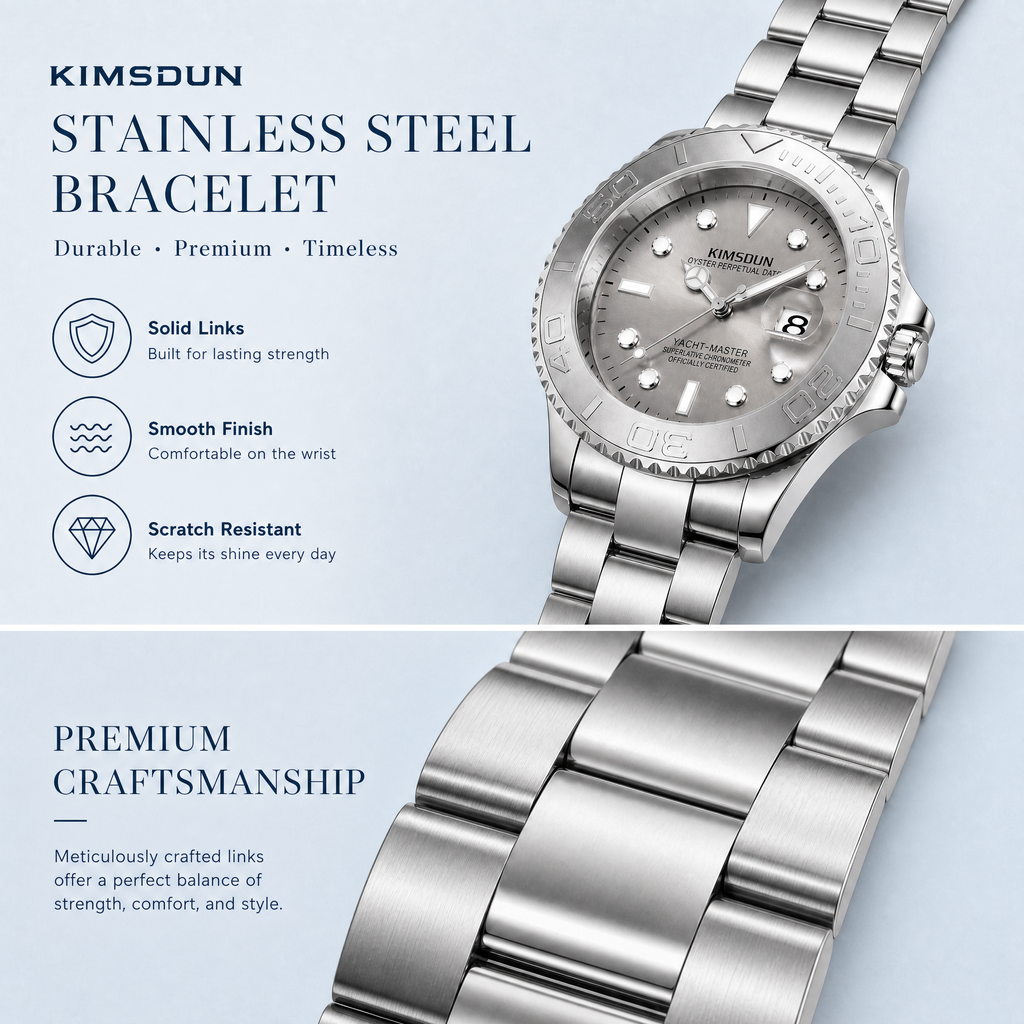 JEMSDUN JSD1818 Live Edition Men's Yacht-Master Style Quartz Watch - 43mm Rotating Relief Bezel Crystal Marker Dial 3H Date Cyclops Lens Metal Wristwatch