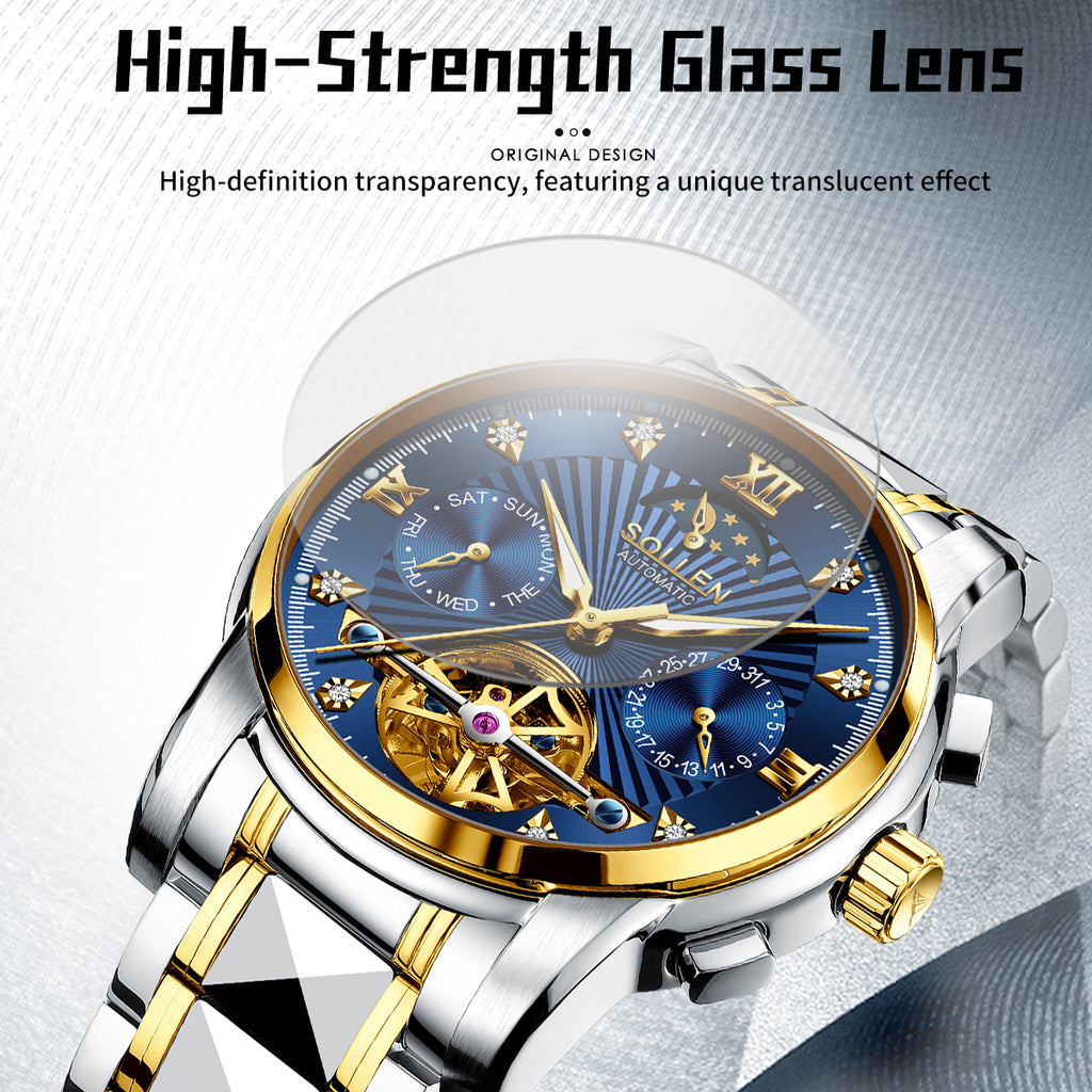 Sollen SL807 Multi-Function Watch - Men's Open-Heart Moonphase Sunray Fluted Dial 7-Bead Tungsten-Steel Bracelet Wristwatch