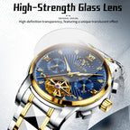 Sollen SL807 Multi-Function Watch - Men's Open-Heart Moonphase Sunray Fluted Dial 7-Bead Tungsten-Steel Bracelet Wristwatch