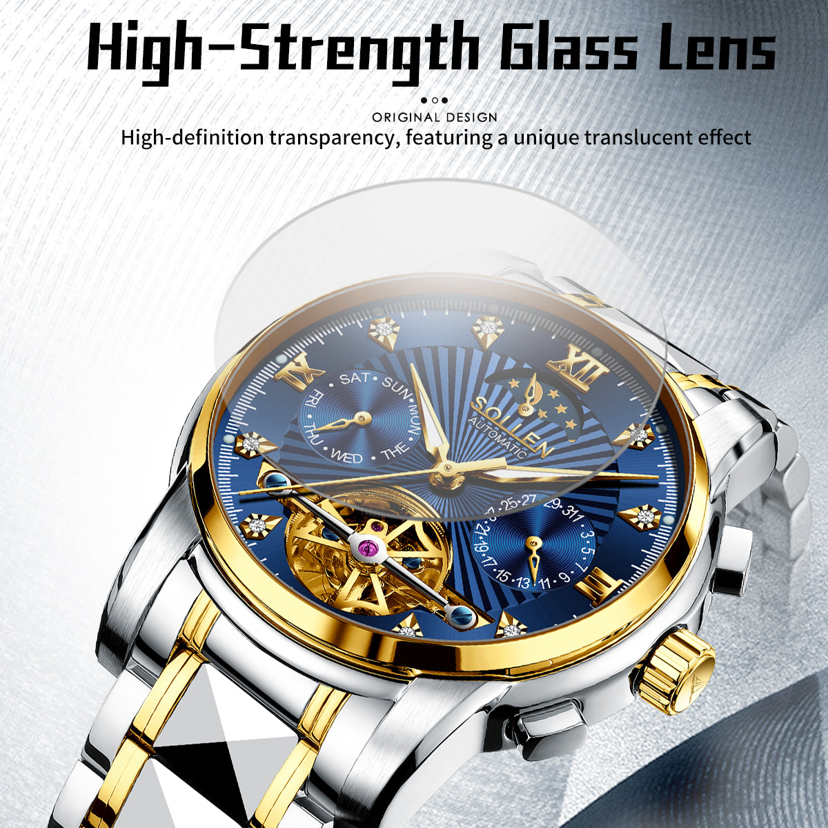 Sollen SL807 Multi-Function Watch - Men's Open-Heart Moonphase Sunray Fluted Dial 7-Bead Tungsten-Steel Bracelet Wristwatch