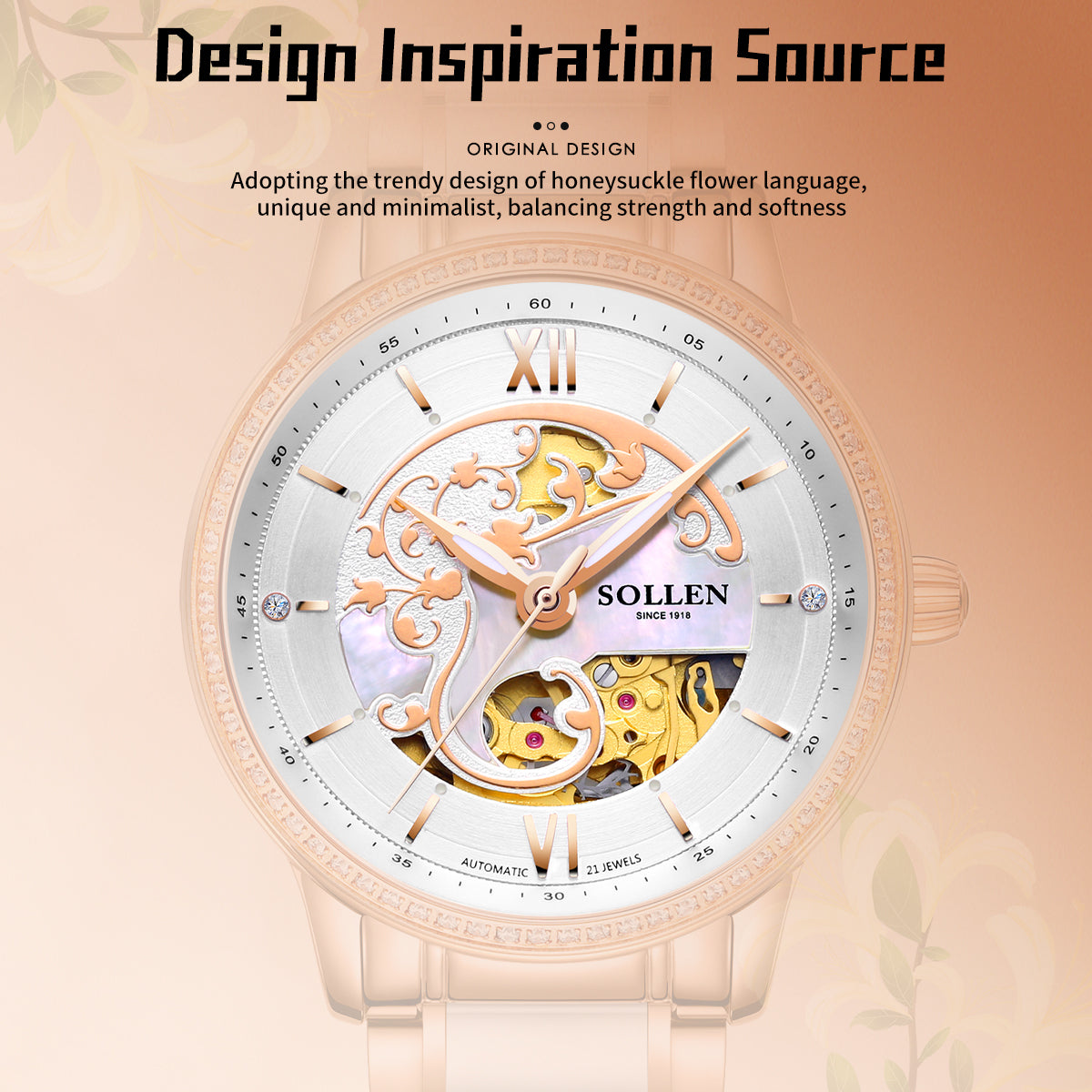 Sollen SL412 Women's Skeleton Automatic Watch - 36.5mm Crystal Bezel Sapphire Crystal Miyota 82S0 Ceramic Bracelet Wristwatch
