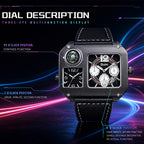 Oulm HP9150 Quartz Watch - Live Edition Men's Heavy Steampunk Dual Time Zone Industrial Black Case Luminous Hands Compass Wide Leather Strap Tactical Wristwatch