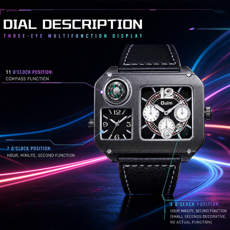 Oulm HP9150 Quartz Watch - Live Edition Men's Heavy Steampunk Dual Time Zone Industrial Black Case Luminous Hands Compass Wide Leather Strap Tactical Wristwatch