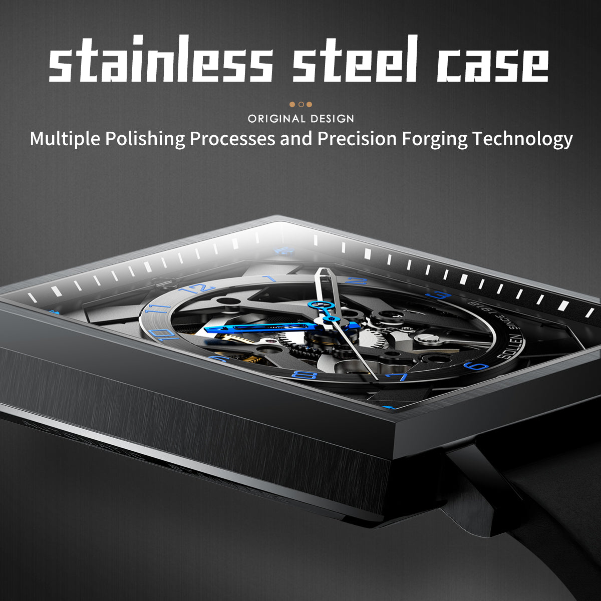Sollen SL205 Men's Square Skeleton Automatic Mechanical Watch - 35x38mm Stainless Steel Case Sapphire Crystal Open Dial Fluororubber Strap Wristwatch