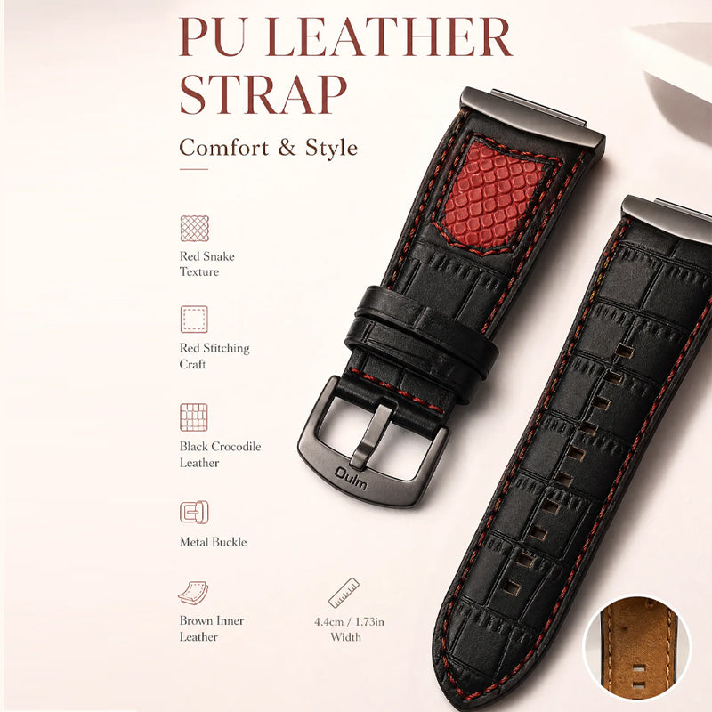 Oulm HP1220 Quartz Watch - Live Edition Men's Steampunk Dual Time Zone Asymmetrical IPB Black Case 44mm Wide PU Leather Cuff Band Wristwatch
