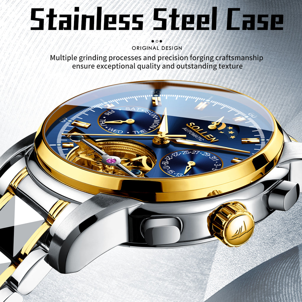 Sollen SL806 Multi-Function Watch - Men's Open-Heart Moonphase Sunburst Dial 7-Bead Tungsten-Steel Bracelet Wristwatch