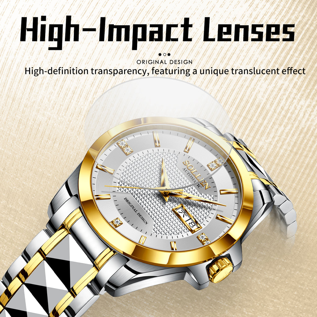 Sollen 9087 Automatic Watch - Men's Dress Citizen 8205 Grid Dial Day Date Crystal Luminous Marker 7-Bead Steel Bracelet Wristwatch