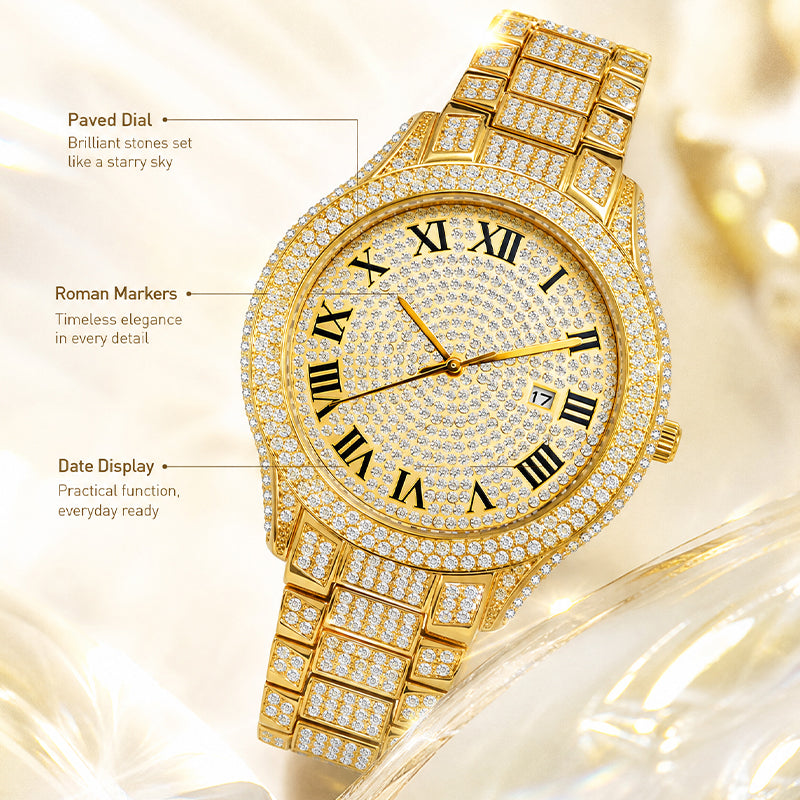 BELBI BELBL-8242 Live Edition Men's Iced Out Watch - Luxury Full Crystals Encrusted Roman Numerals Gold Dial Date Window Metal Band Hiphop Wristwatch