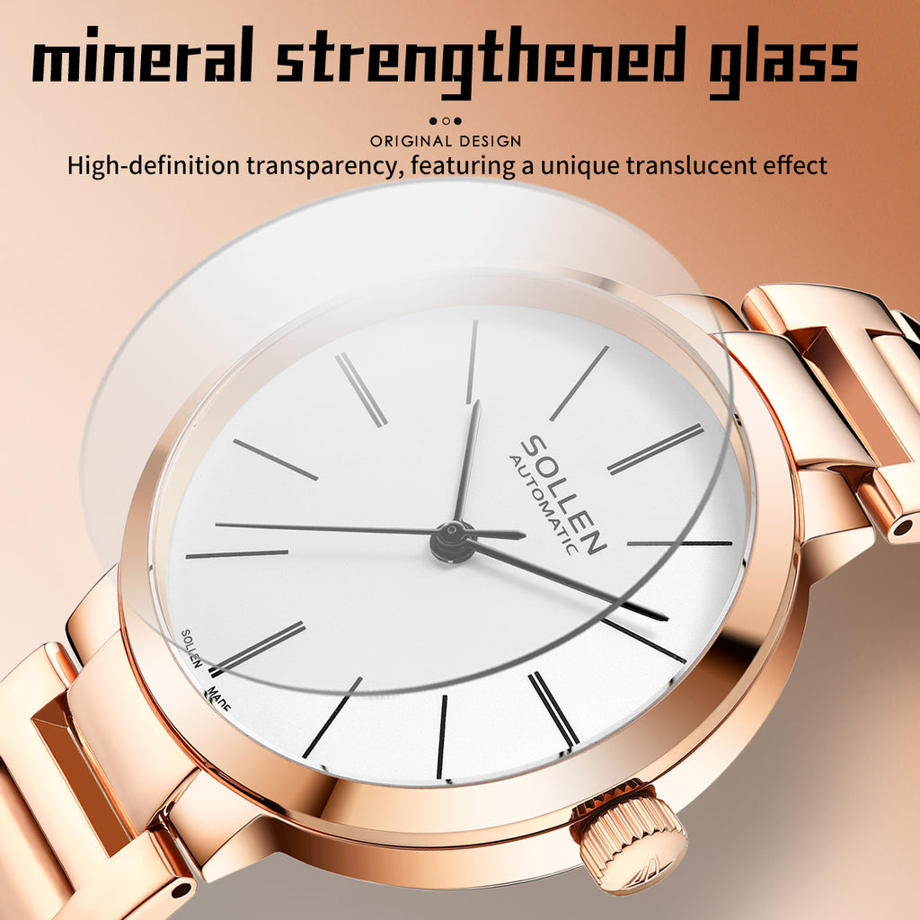 Sollen SL409 Women's Minimalist Automatic Mechanical Watch - 34mm Crystal Bezel Sandblasted Dial Stainless Steel Bracelet Wristwatch