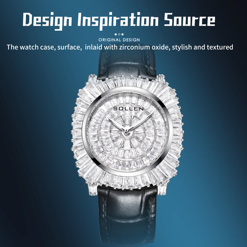 Sollen SL435 Women's Baguette Crystal Quartz Watch - 35x36mm Full Pave Dial Iced Out Genuine Leather Strap Wristwatch