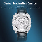 Sollen SL435 Women's Baguette Crystal Quartz Watch - 35x36mm Full Pave Dial Iced Out Genuine Leather Strap Wristwatch