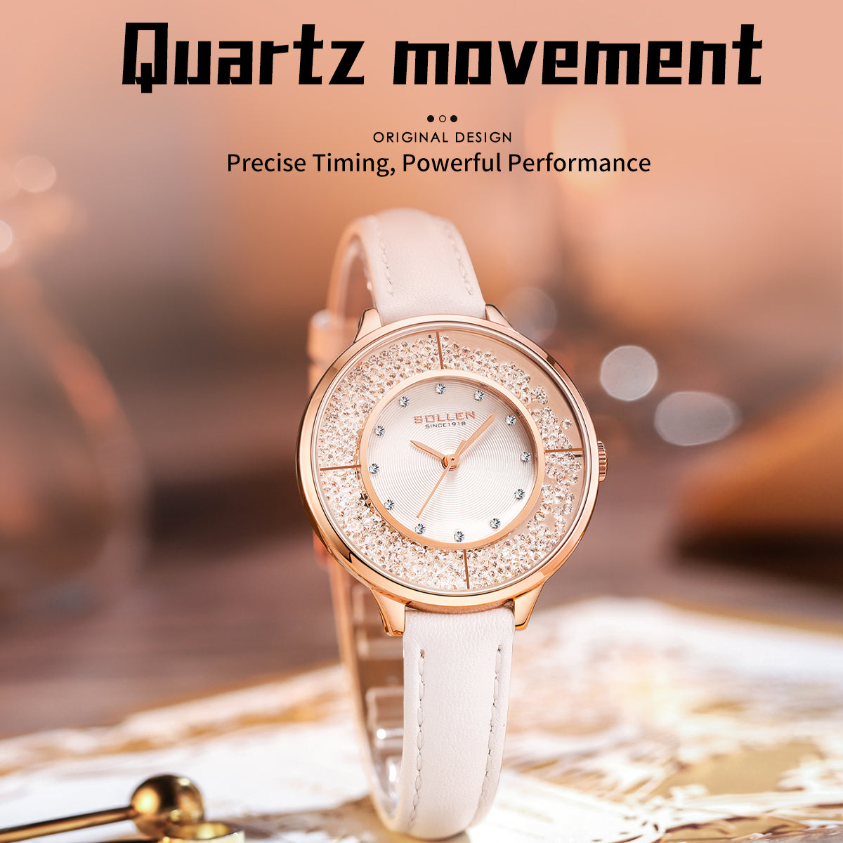Sollen SL423 Women's Quartz Watch - 33.5mm Vinyl Record Texture Dial 12 Zirconia Markers Genuine Leather Strap Wristwatch