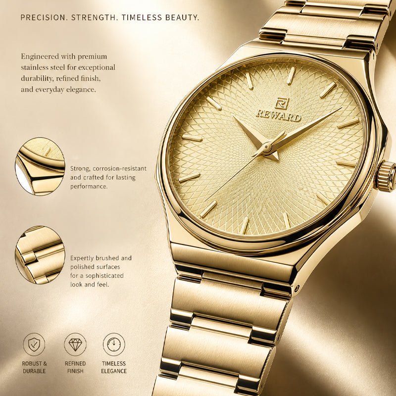 REWARD RD 213032L Quartz Watch - Live Edition Women's Elegant 28mm Full IPG Gold Stainless Steel Band Luminous Hands Sunburst Radial Dial Wristwatch