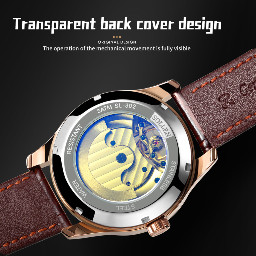 Sollen SL302X Men's Open Heart Automatic Mechanical Watch - 41mm Stainless Steel Case Moon Phase Dual Time Leather Strap Wristwatch