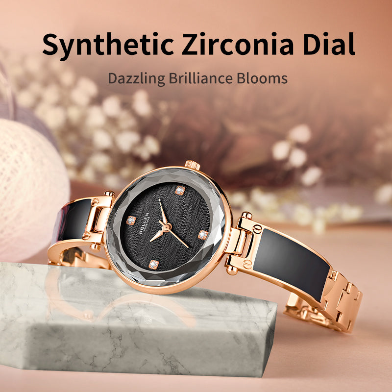 Sollen SL428 Women's Quartz Watch - 30mm Swarovski Zirconia Markers Luminous Hands Resin Inlay Bracelet Wristwatch