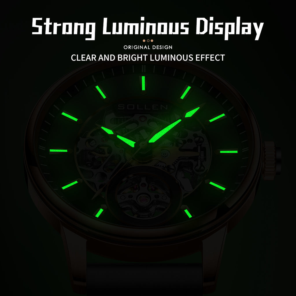 Sollen SL208 Men's Full Skeleton Automatic Mechanical Watch - 42mm Stainless Steel Case Frosted Open Dial Luminous Hands Wristwatch