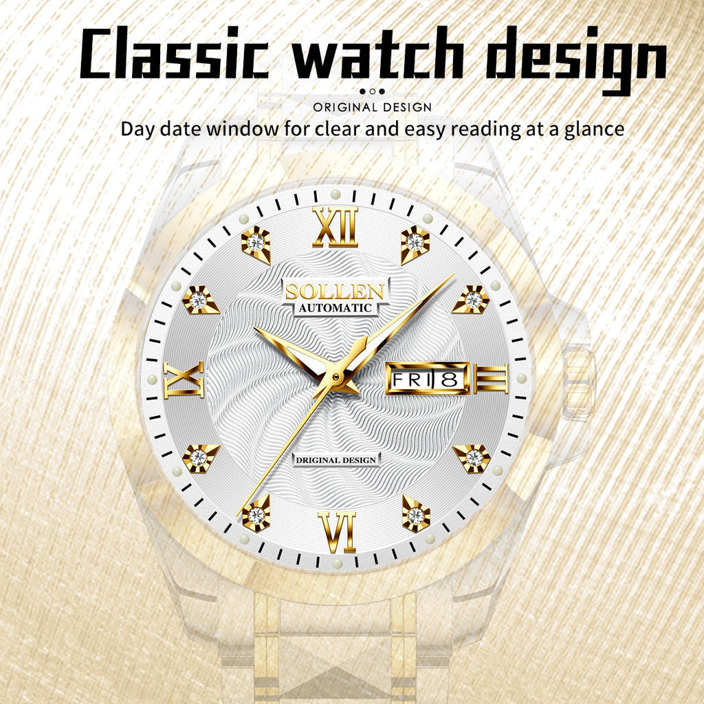 Sollen 9089 Automatic Watch - Men's Dress Citizen 8205 Wavy Dial Day Date Roman Crystal Marker 7-Bead Steel Bracelet Wristwatch