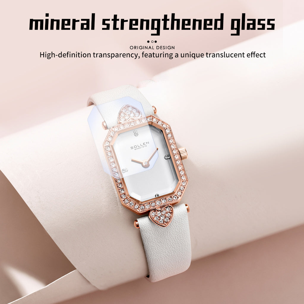 Sollen SL426 Women's Tank Quartz Watch - 20x26mm Slim 7mm Crystal Bezel Swarovski Zirconia Genuine Leather Strap Wristwatch