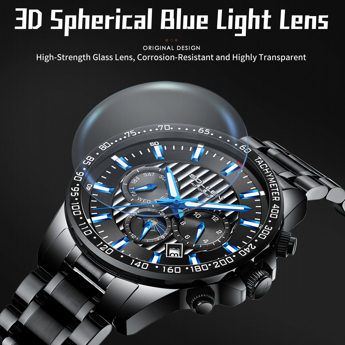 Sollen SL608 Automatic Watch - Men's Multi-Function Moonphase Stainless Steel 5-Bead Bracelet Wristwatch