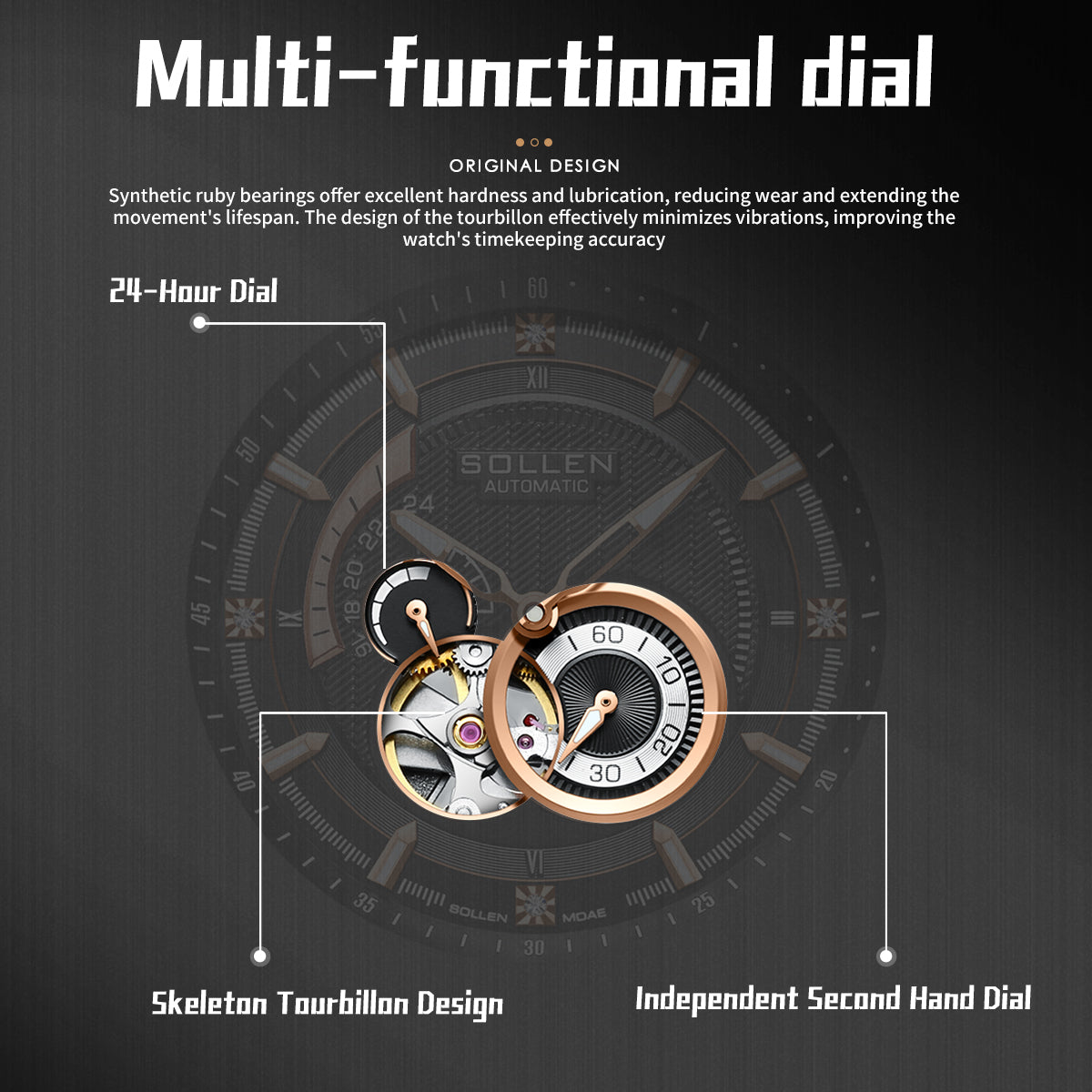 Sollen SL356 Men's Real Diamond Open Heart Automatic Watch - 42mm Stainless Steel Case Slim 9.9mm Sapphire Crystal Miyota Movement Bracelet Wristwatch