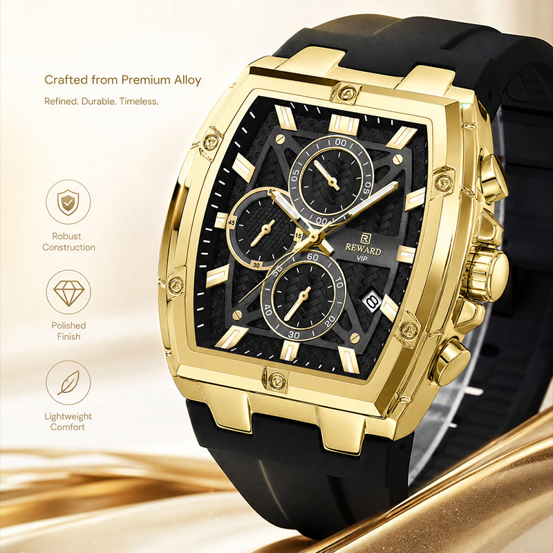 REWARD RD 832261M Live Edition Men's Luxury Sport Watch - Chronograph 6-Hand Multi Function Tonneau Armor Case Date Window Silicone Strap Wristwatch