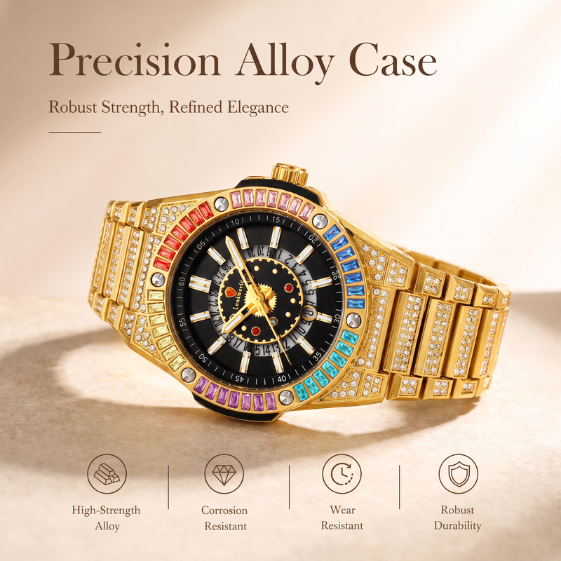 RKS RKS1159 Live Edition Men's Iced Out Watch - Luxury Rainbow Baguette Crystal Bezel Pave Dial Luminous Hands 6H Date Metal Band Hiphop Wristwatch