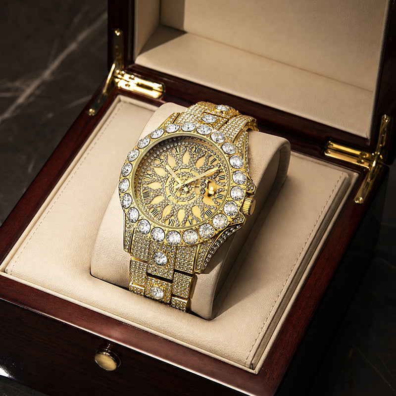 MISSFOX V380L Live Edition Men's Iced Out Watch - Luxury Large Crystal Bezel Pave Roman Numerals Dial Date Window Metal Band Hiphop Wristwatch