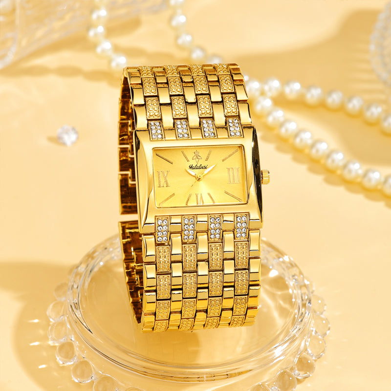 LX1044 Quartz Watch - Live Edition Luxury Horizontal Rectangular Gold Case Dual-Row Crystal Accent Bezel 31mm Wide Link Bracelet Wristwatch