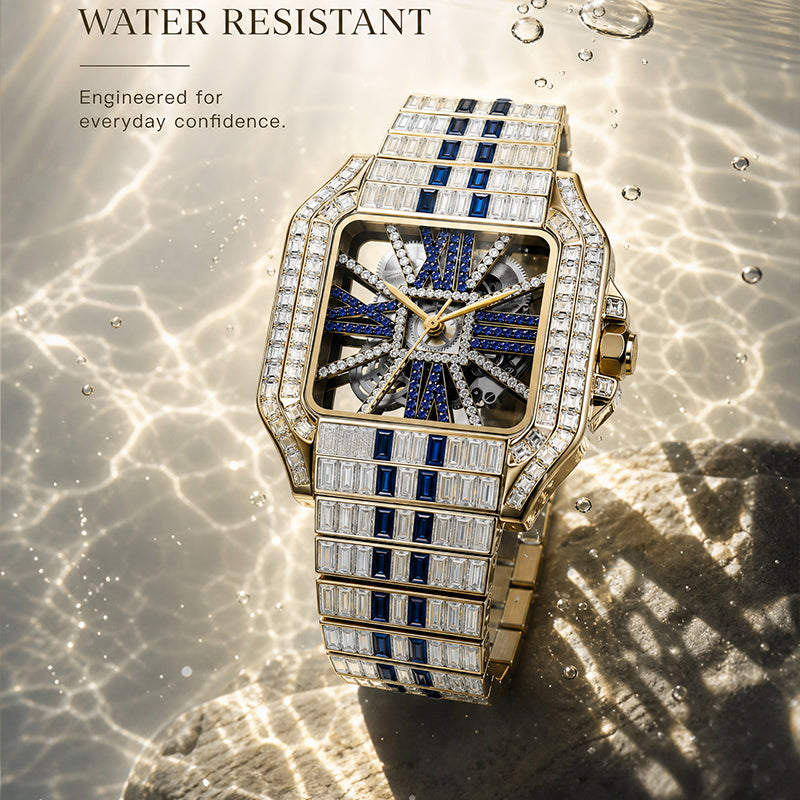 PRECIOUS 8208 Live Edition Men's Iced Out Watch - Luxury Baguette Crystals Encrusted Square Case Fully Skeleton See Through Dial Metal Band Hiphop Wristwatch