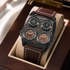 Oulm HP1140 Quartz Watch - Live Edition Men's Heavy Steampunk Dual Time Zone Industrial Black Case Luminous Hands Compass Wide Leather Strap Tactical Wristwatch