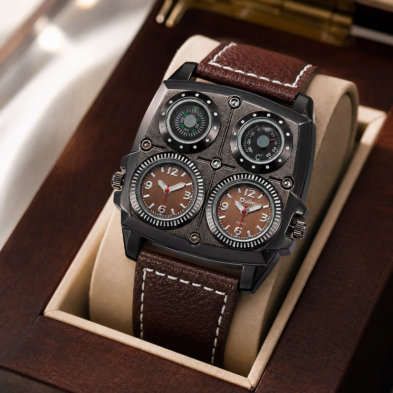 Oulm HP1140 Quartz Watch - Live Edition Men's Heavy Steampunk Dual Time Zone Industrial Black Case Luminous Hands Compass Wide Leather Strap Tactical Wristwatch
