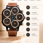 Oulm HP9153 Live Edition Men's Tactical Watch - Cyberpunk Multi Time Zone 5-Movement Armor Case with Centered Compass Sport Leather Strap Wristwatch