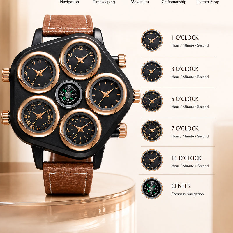 Oulm HP9153 Live Edition Men's Tactical Watch - Cyberpunk Multi Time Zone 5-Movement Armor Case with Centered Compass Sport Leather Strap Wristwatch
