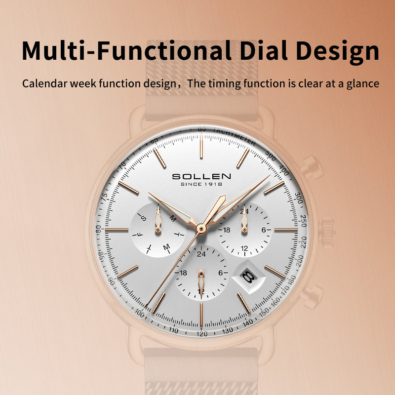 Sollen SL705 Quartz Watch - Men's Multi-Function Dual-Time Domed Glass Stainless Steel Mesh Band Wristwatch