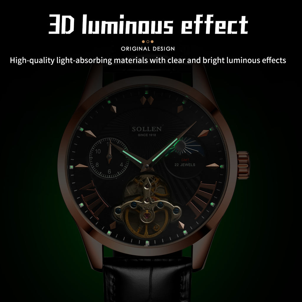 Sollen SL302 Men's Open Heart Automatic Mechanical Watch - 41mm Stainless Steel Case Moon Phase Dual Time Sunburst Dial Wristwatch