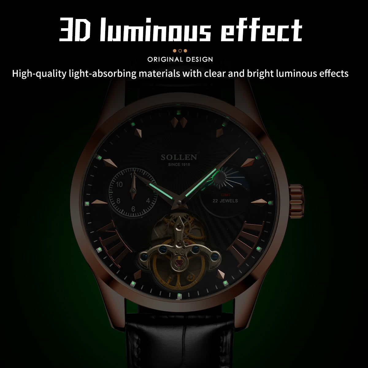 Sollen SL302 Men's Open Heart Automatic Mechanical Watch - 41mm Stainless Steel Case Moon Phase Dual Time Sunburst Dial Wristwatch