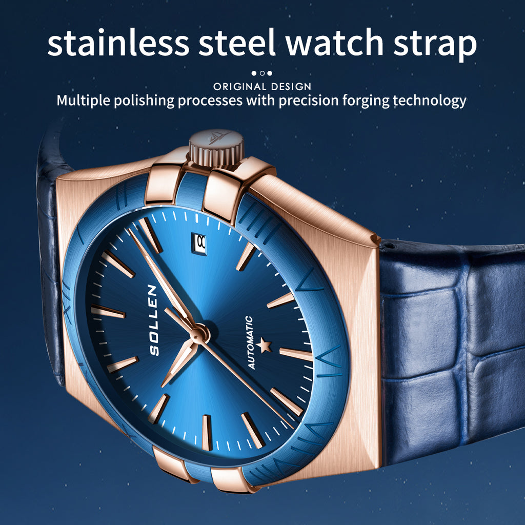 Sollen 9065 Automatic Watch - Men's Dress 12 Bar Marker Date Blue Sunray Dial Genuine Leather Strap Wristwatch