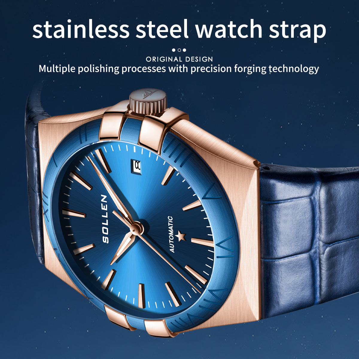 Sollen 9065 Automatic Watch - Men's Dress 12 Bar Marker Date Blue Sunray Dial Genuine Leather Strap Wristwatch
