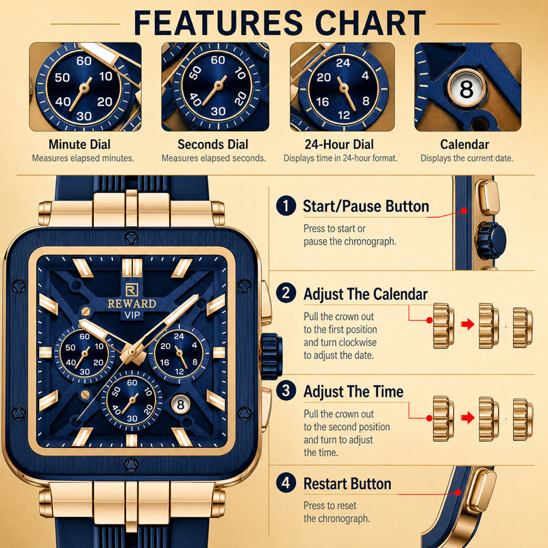 REWARD RD 833569M Quartz Watch - Live Edition Men's Luxury Bold Square Case Full Chronograph Luminous Hands Date Window Sport Silicone Strap Wristwatch