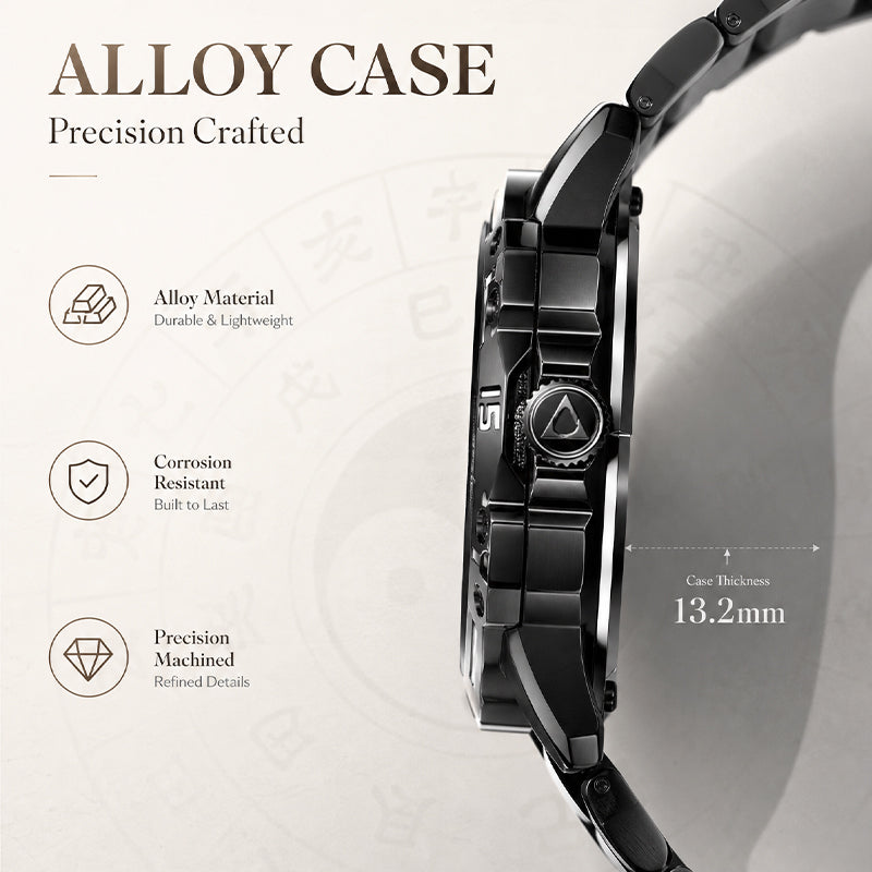 LONGBO LB83899 Quartz Watch - Live Edition Men's Tech 44mm Black Case No-Glass Magnetic Rolling Ball Pointerless Chinese Tai Chi Twelve Earthly Branches Theme Steel Link Bracelet Wristwatch