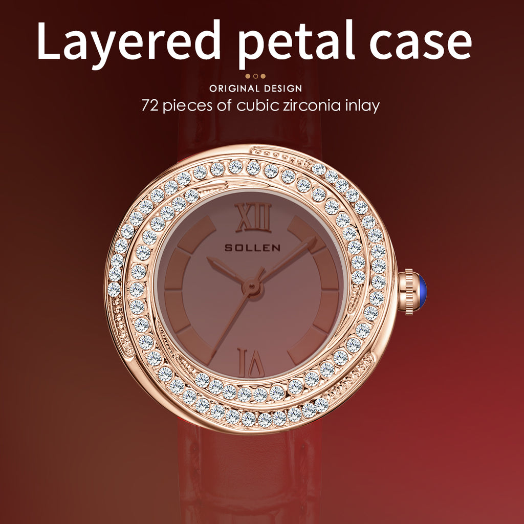Sollen SL450 Women's Quartz Watch - 33.5mm Crystal Bezel Enamel Roman Dial Genuine Leather Strap Wristwatch